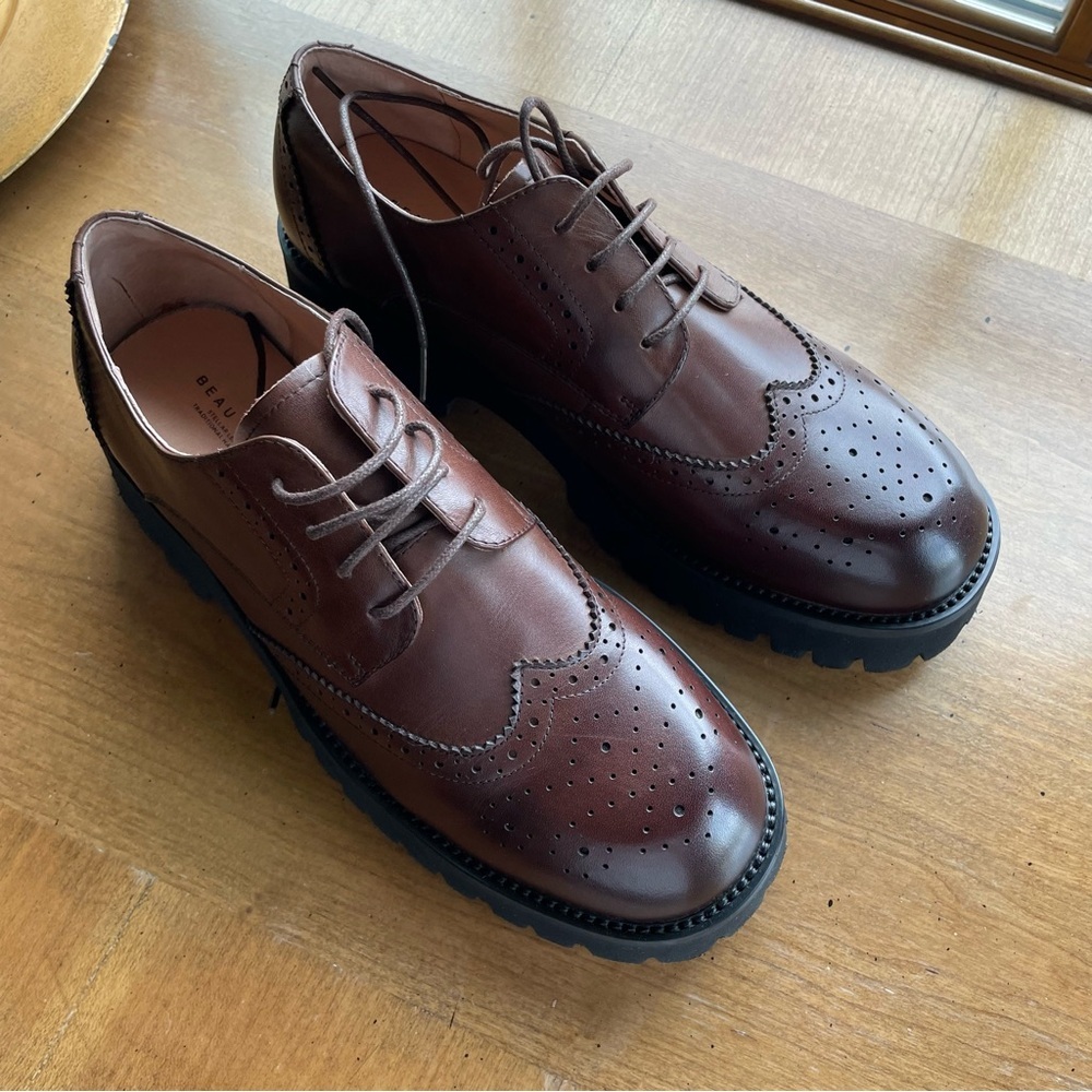 Beau Today Brown Oxford Classic Derby Leather Wingtip Platform Loafers size 9.5 - Picture 3 of 11
